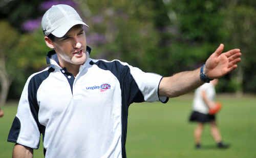 AFL umpire Matt Stevic shows the way to students at Bishop Druitt College yesterday. AFL umpire Matt Stevic shows the way to students at Bishop Druitt College yesterday.